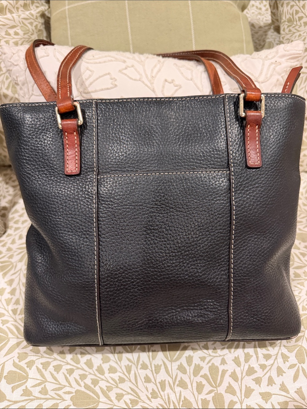 Dooney & Bourke Black Leather Tote with Brown Trim & Handles - Picture 3 of 16